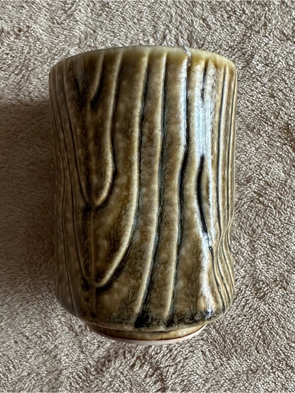 Studio Pottery Ceramic Cup Wood Grain Brown Green Glaze Cabin Mountains